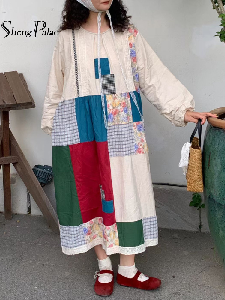SHENGPALAE Robes Femme Patchwork Maxi Ample Vintage Bohème Manches Longues Poches Décontracté Artistique Surdimensionné Automne 2026 Nouveau