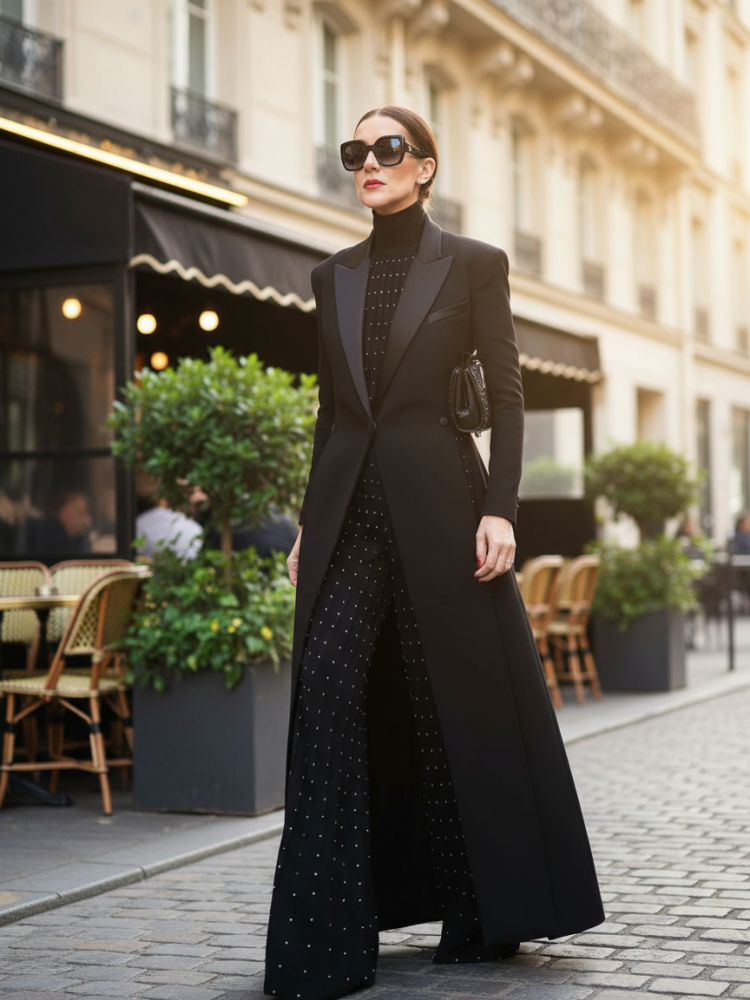 Blazer Élégant Femme Bonboho 2026 – Manteau Long Noir Uni à Manches Longues et Fente Latérale – Vêtement d'extérieur Formel pour Femme