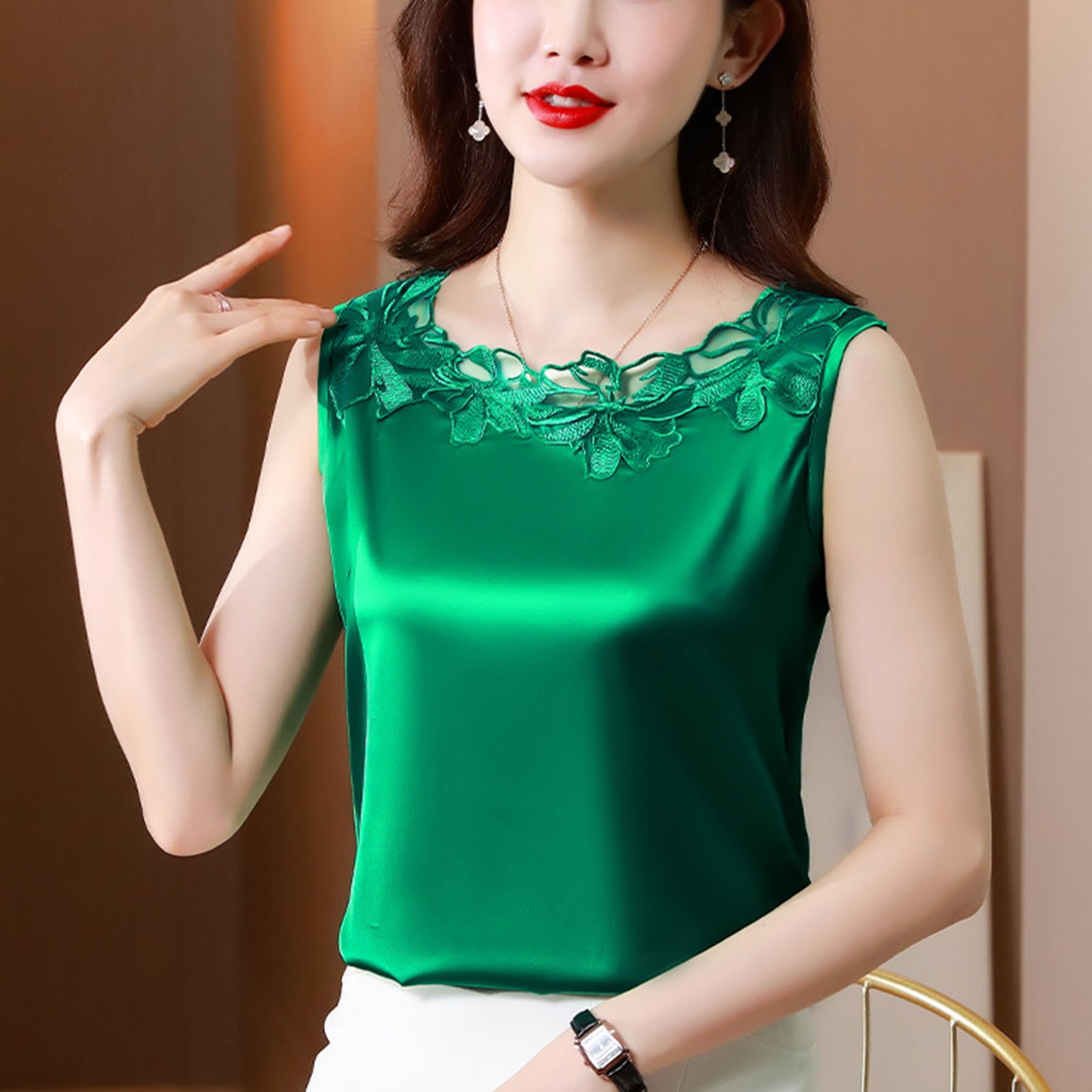 Débardeur d'été en Satin de soie pour femmes, Style coréen, chemisier sans manches en dentelle, élégant, Chic, solide, gilet OL, vêtements pour femmes