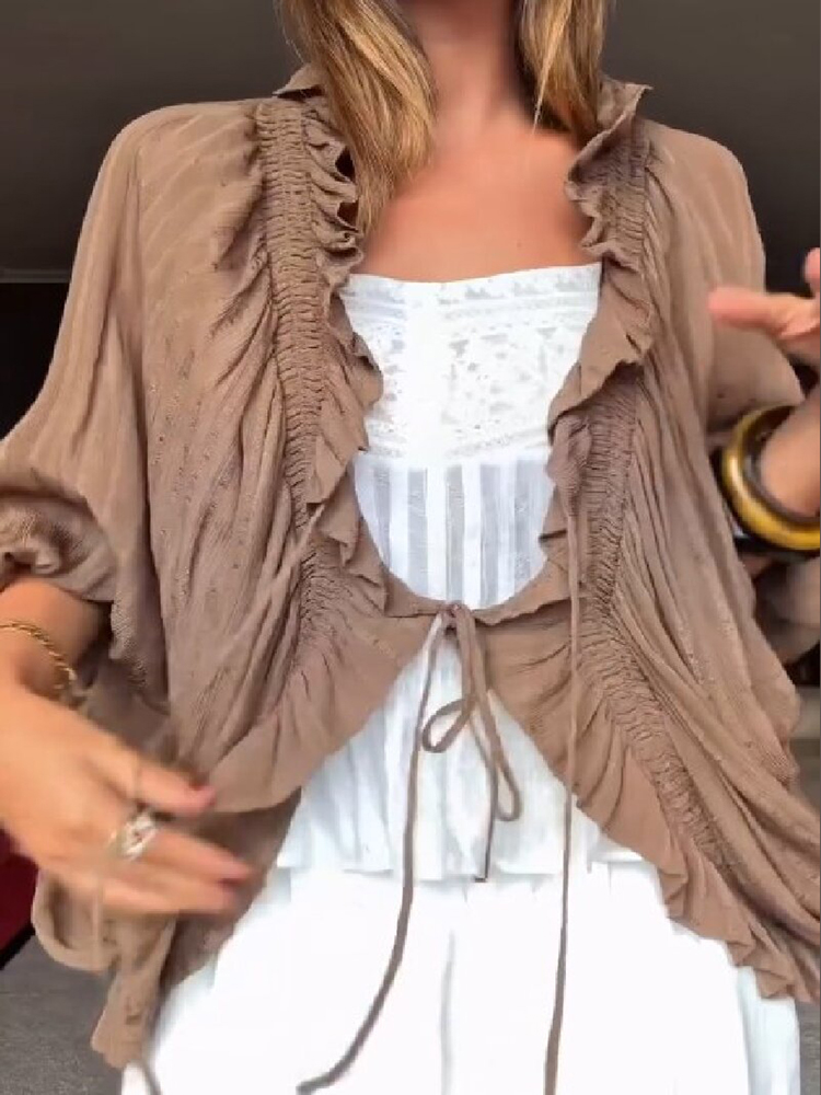 Chemisier Fluide Marron Élégant et Chic pour Femme, Col en V Tendance, Nœud Devant, Manches Longues à Volants, Coupe Ample, Nouveauté Automne, Haut Quotidien Style Urbain
