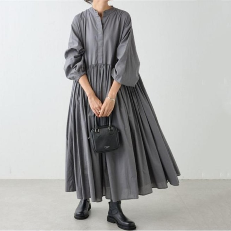 Robes adt en coton et lin pour femmes, version coréenne solide, manches longues, plissé, grande balançoire, robe vintage, vêtements décontractés, automne