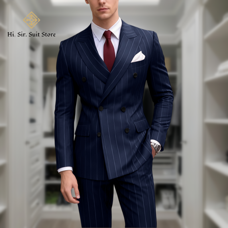 Costume 2 pièces pour hommes, Blazer grande taille, mode européenne et américaine, costume rayé à Double boutonnage, sur mesure, petit lot, veste bleue