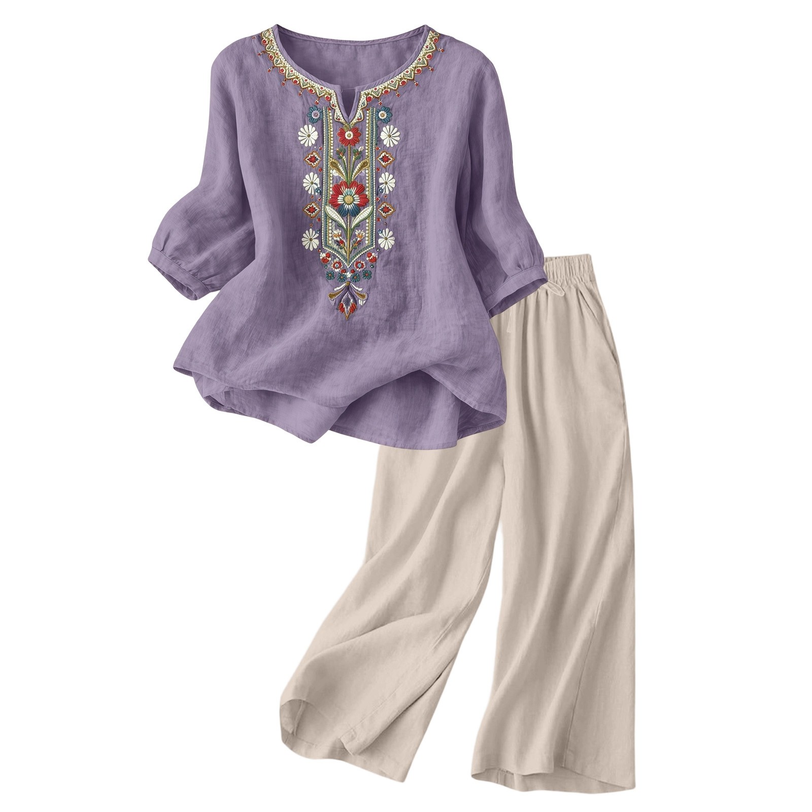 Nouvel ensemble deux pièces décontracté pour femme en coton et lin, avec broderie, hauts et pantalon large, manches 3/4, pour l'été