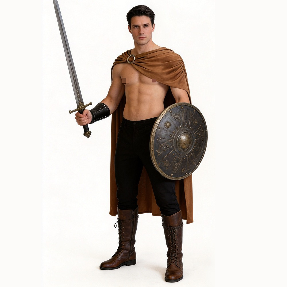 Cape de Chevalier Spartan Romain pour Homme, Costume de Cosplay, Cape Rouge et Marron, Protège-poignets, Tenue de Guerrier Historique pour Halloween et Fêtes Costumées