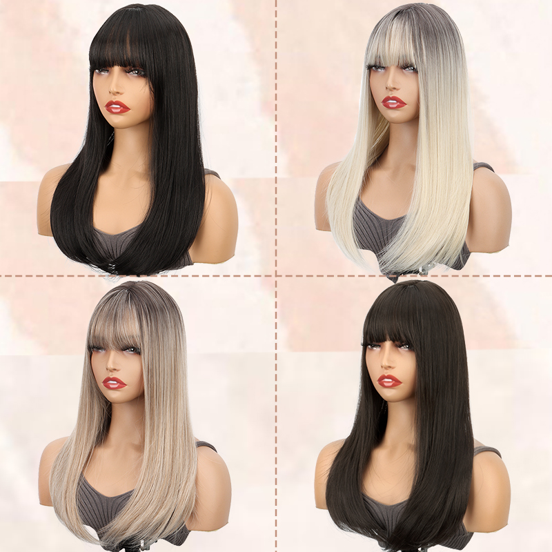 Topper pour cheveux pour femme avec frange : 3D 360 °   Morceau de cheveux synthétiques longs et lisses à couverture moelleuse pour cheveux amincissants, doré avec foncé