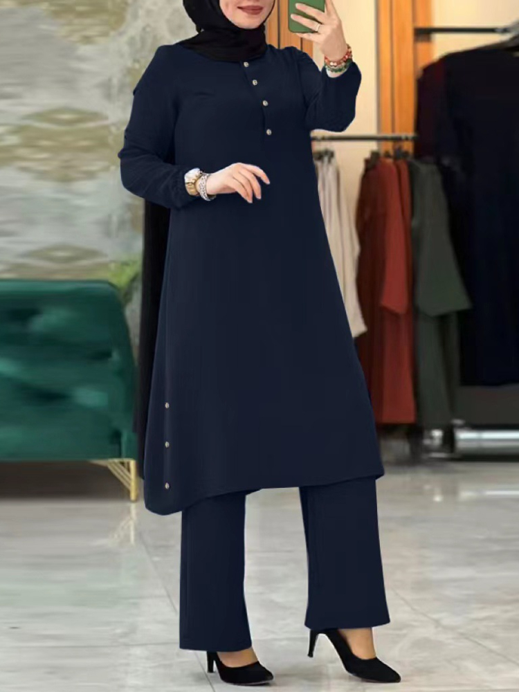 Ensemble deux pièces pour femmes arabes Eid musulmanes, chemisier et pantalon à jambes larges, Ensemble musulman, ceinture, chemise à bouton unique, vêtements modestes du Ramadan
