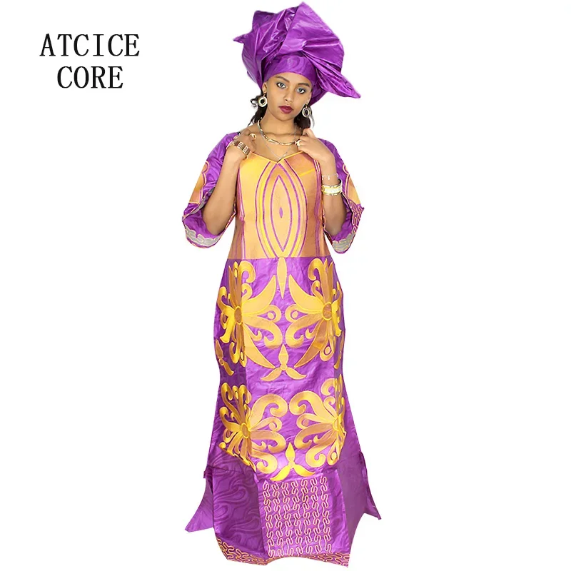 Robe africaine longueur au sol avec écharpe pour femme, motif de broderie, Bazin Riche