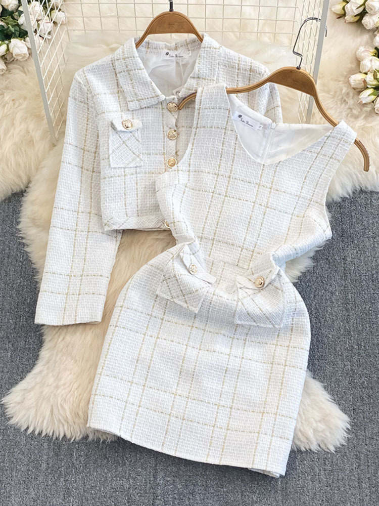 Manteau court à manches longues pour femmes, veste en tweed bleu chic, robe imbibée, glafur s élégant, coréen de luxe, automne, ensemble 2 pièces