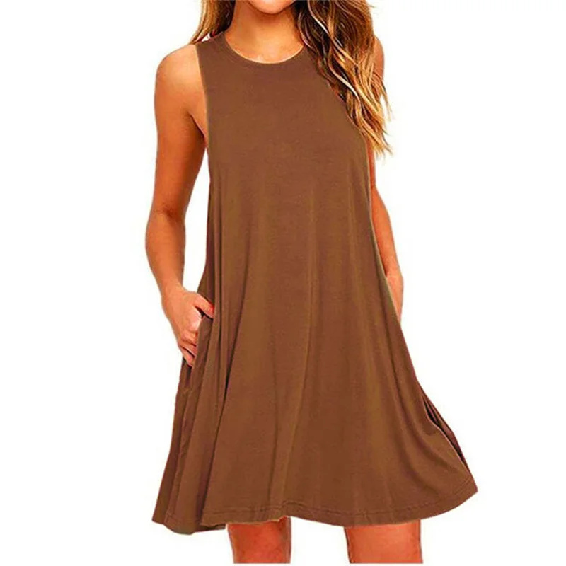Robe d'été pour femmes, t-shirt décontracté, couverture de plage, couleur unie, plissée, poches débardeur