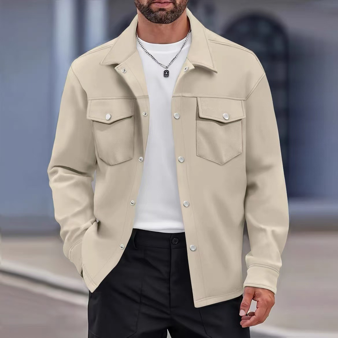 Veste chemise décontractée pour homme à col à revers, poches poitrine, manches longues, coupe ample, style streetwear