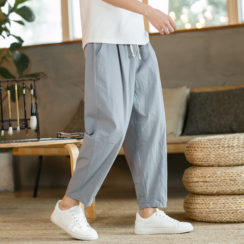 Pantalon décontracté en coton et lin pour homme, couleur unie, respirant, coupe droite, avec cordon de serrage, style streetwear