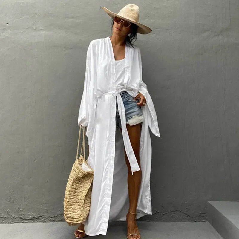 Kimono pour femme, robe de plage, cardigan, robe de plage unie, cache-maillot de bain long, sexy, ceinturé, robe d'été style bohème