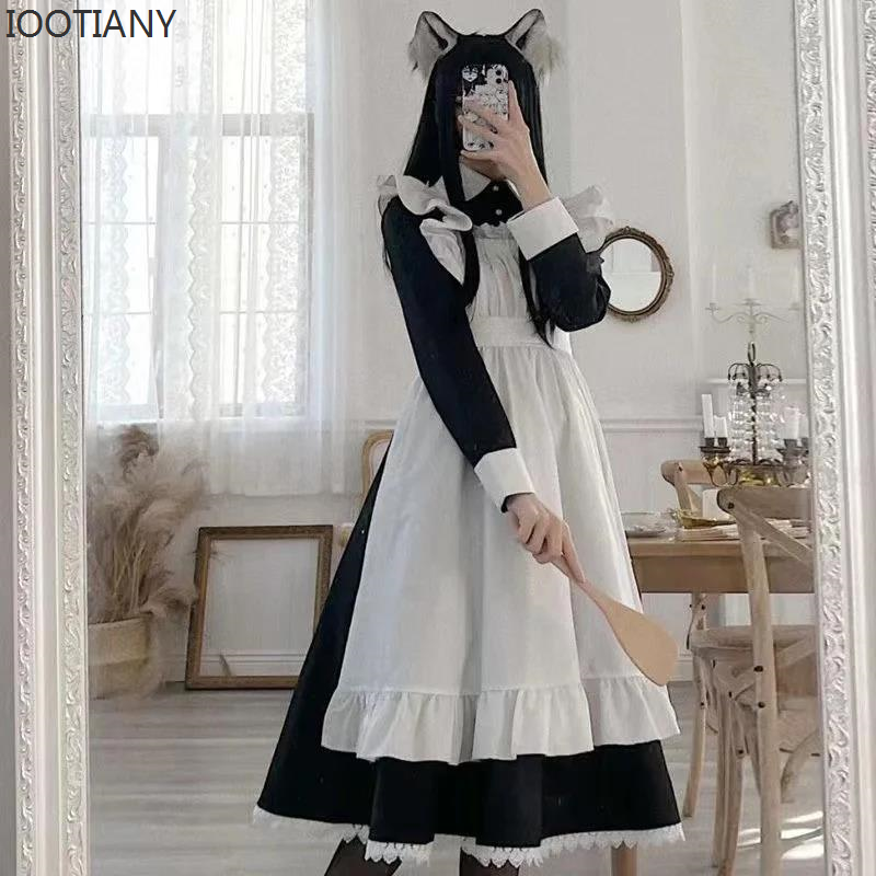 Robe de servante classique Lolita pour femmes IOOTIANY, tenue vintage inspirée de l'anime, cosplay, costume de femme de chambre à manches longues noires pour enfants