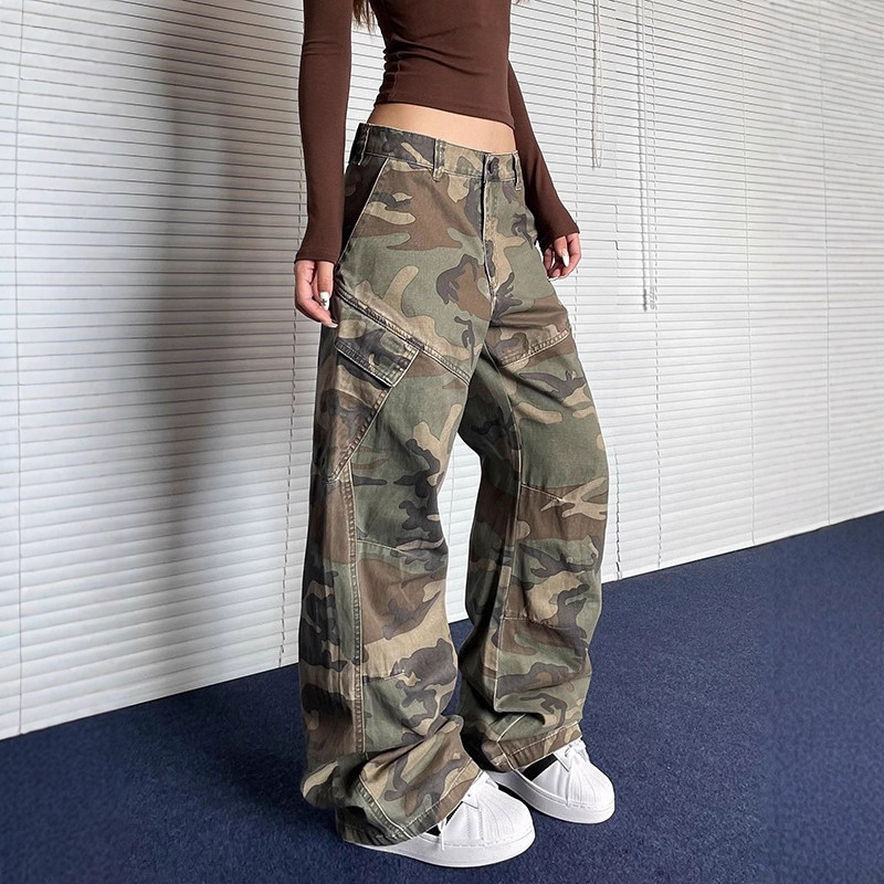 Pantalon Cargo Camouflage Rétro Unisexe, Coupe Ample Droite à Jambes Larges avec Poches Obliques, Style Urbain Décontracté, Idéal pour le Quotidien