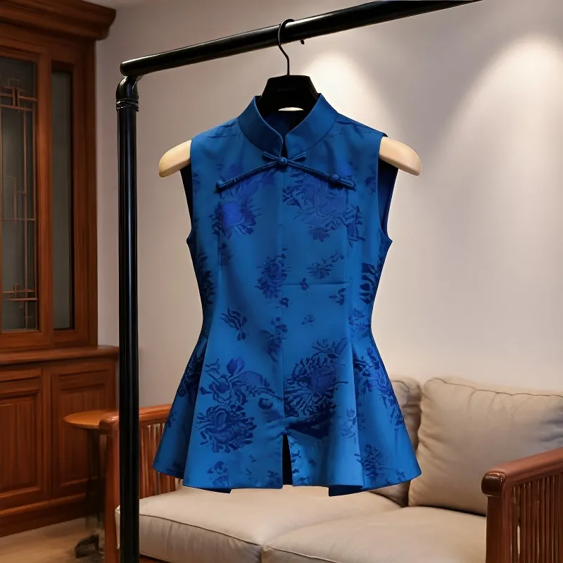 Chemisier élégant de style chinois pour femmes, avec motif floral, col mandarin, sans manches, coupe ajustée, vêtements d'été