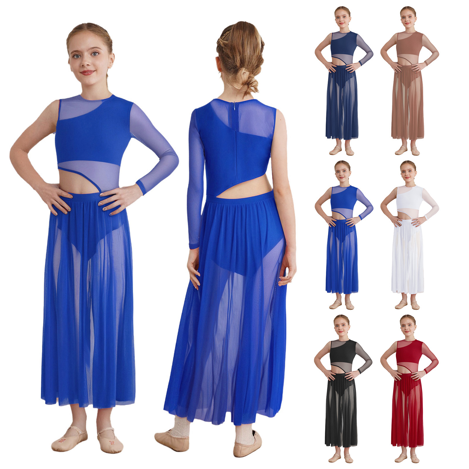 Robe de Ballet pour enfants filles, Costume de spectacle de danse lyrique contemporaine moderne, dos découpé, Patchwork sur les côtés fendus, robe en maille transparente