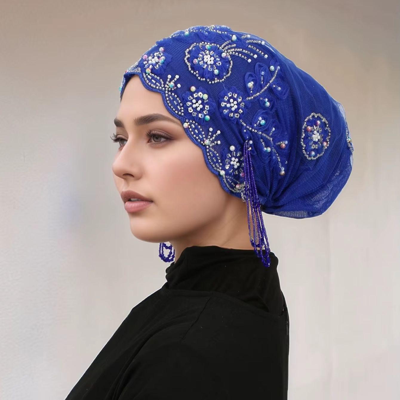 Chapeau de perles en dentelle musulmane, casquettes en tissu maille, Tube de perles associé à un fil de diamant acrylique, chapeau brodé pour femmes arabes de dubaï
