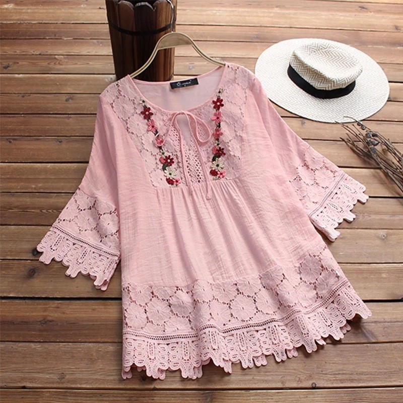 Chemisier d'été femmes col en v hauts chemise en dentelle et chemisier élégant femmes haut à la mode décontracté dame ample coton lin femme chemise