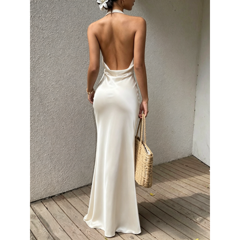 Robe longue sirène élégante en satin pour femme, col halter, drapé froncé à la taille, dos ouvert, coupe ajustée, robe de soirée formelle maxi