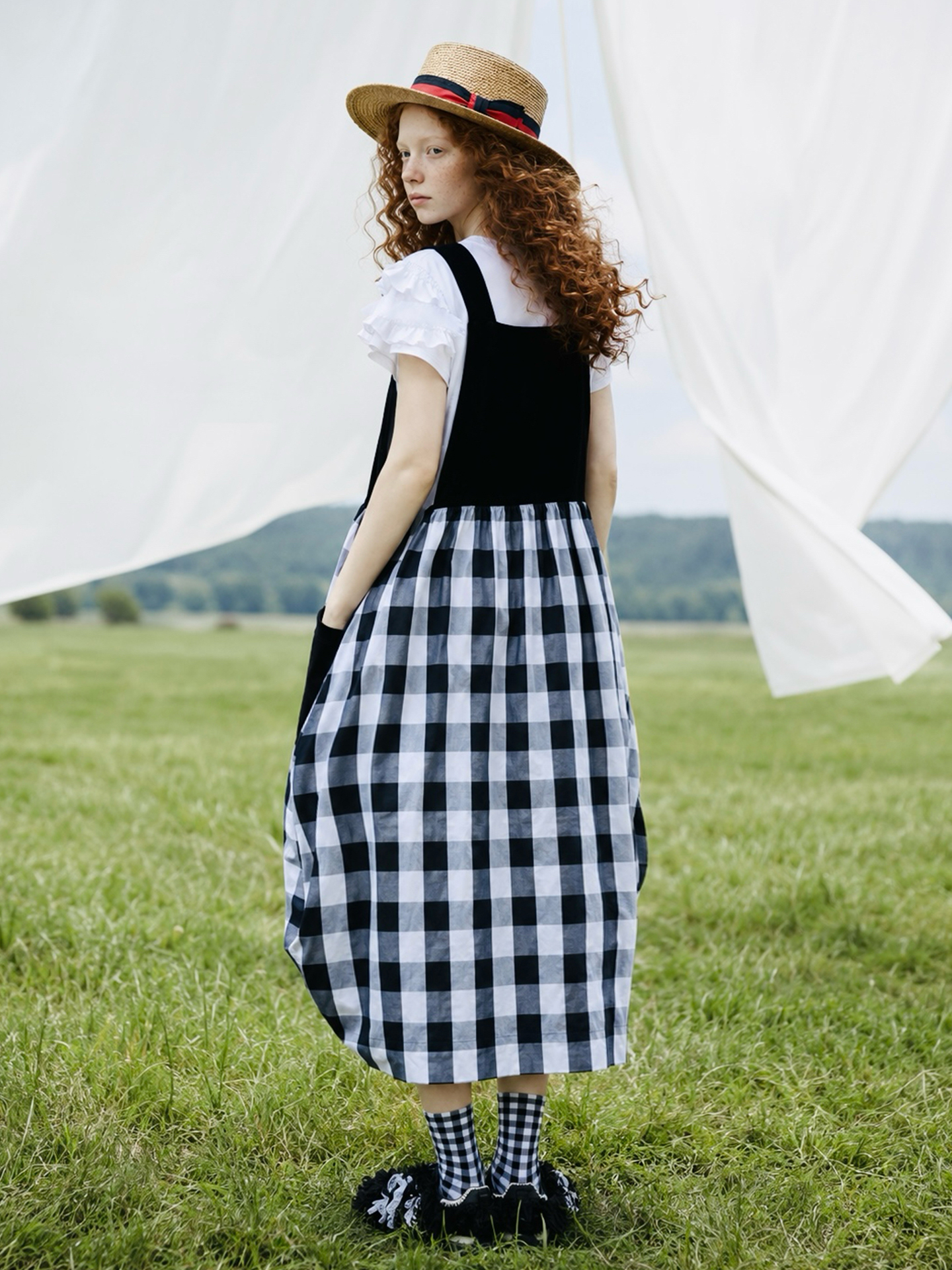 Robe ample en patchwork noir pour femmes, imakokoni, originale, style artistique d'été, à carreaux, décontractée, mi-longue, avec bretelles, 265576