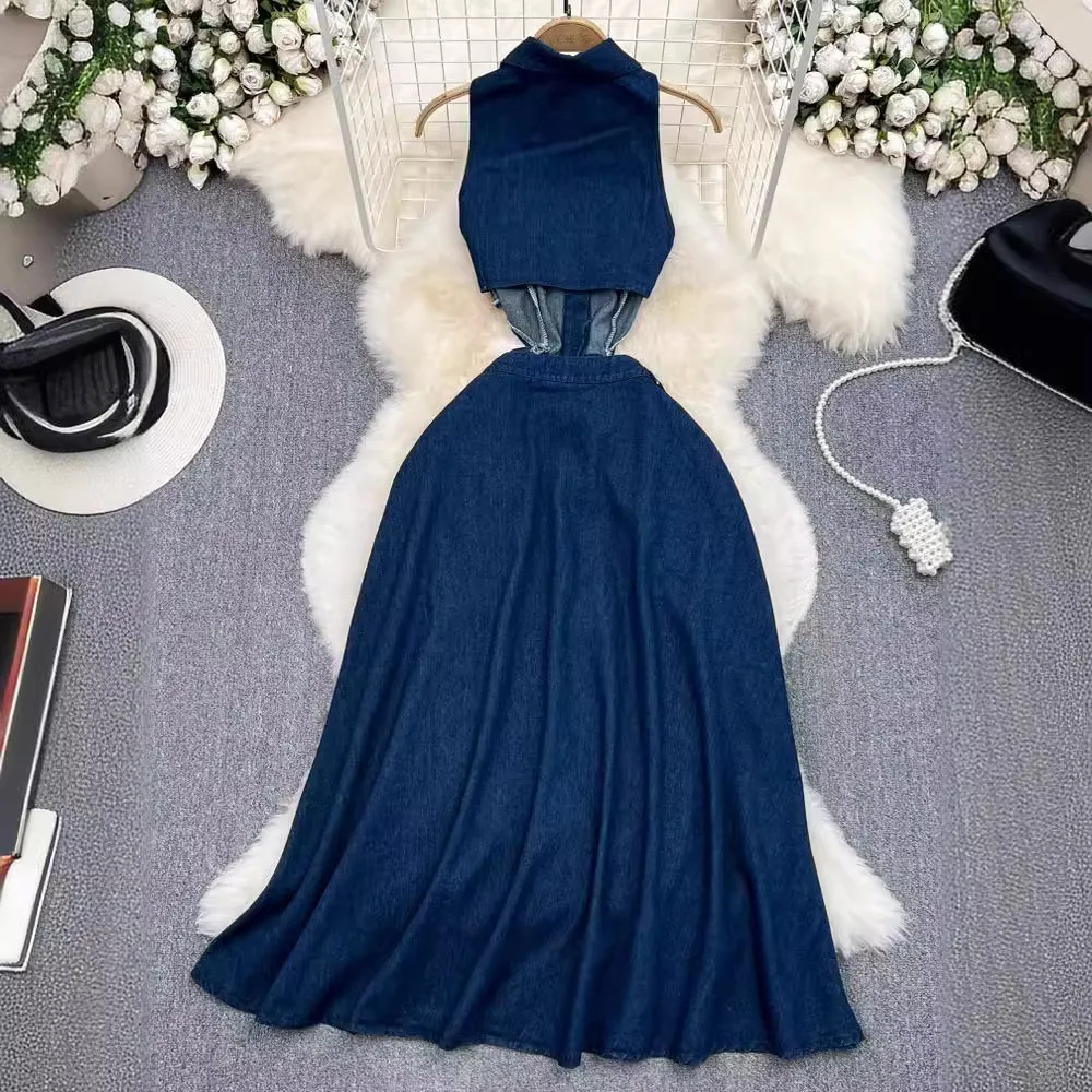 Robe en jean évidée à col rabattu pour femmes, robes longues en denim, taille haute, mince, simple boutonnage, éducatif, club de fête