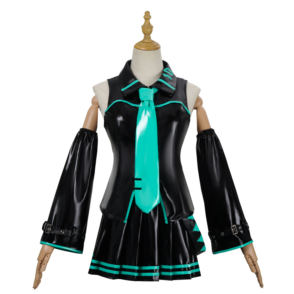 Tenue de cosplay d'idole virtuelle en cuir verni noir et vert, accessoires complets, perruque, chaussettes, bijoux pour Comic Con Party