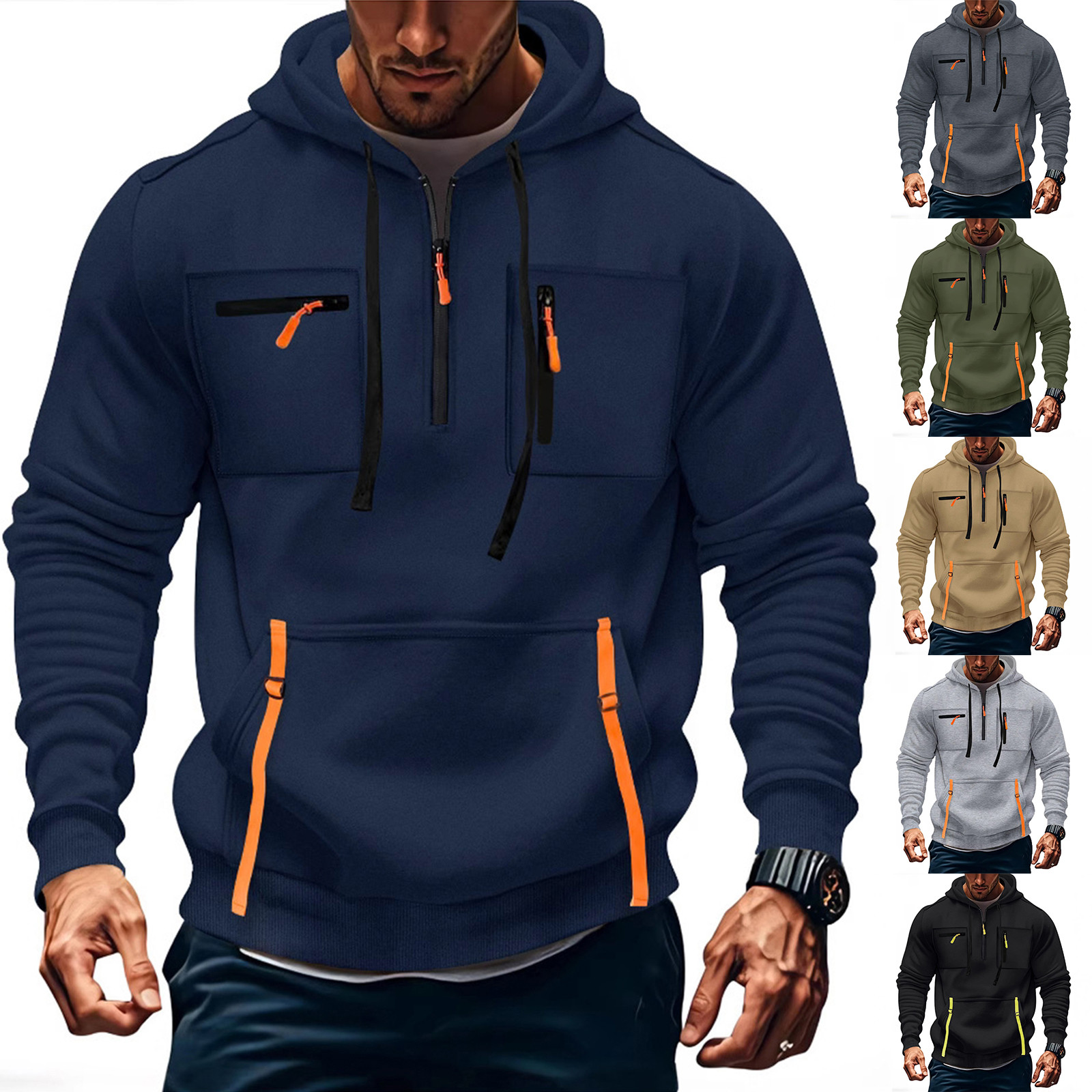 Sweat à capuche décontracté pour homme 2025 – Nouvelle mode avec poches et fermeture éclair – Couleur unie – Coupe ample – Idéal pour la course en extérieur et le streetwear