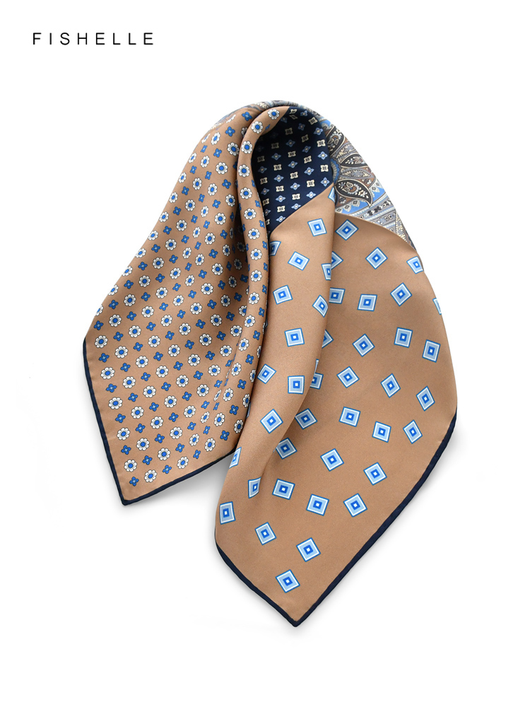 Petit Foulard Carré en Soie Naturelle Patchwork de Couleur Camel, Hijab pour Femme et Homme, Cadeaux de Luxe, Nouvelle Collection Printemps Automne