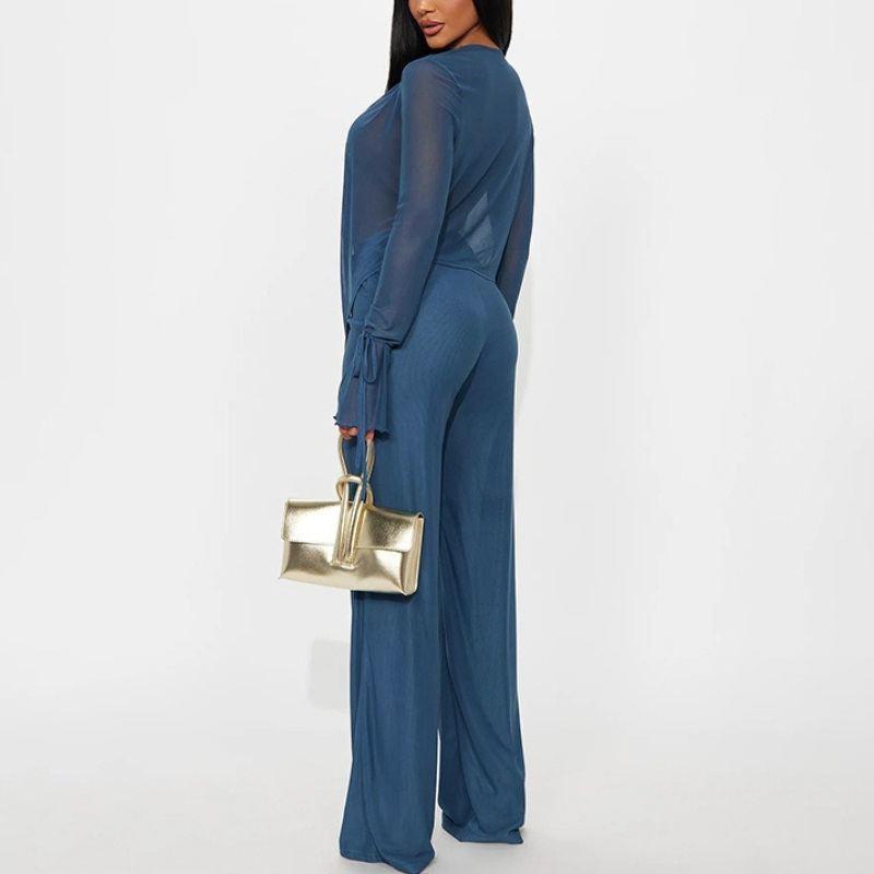 Ensemble de vêtements pour femmes, chemisier en mousseline de soie sexy à col en V et pantalon, manches longues, pantalon décontracté élégant, ensemble 2 pièces pour l'été