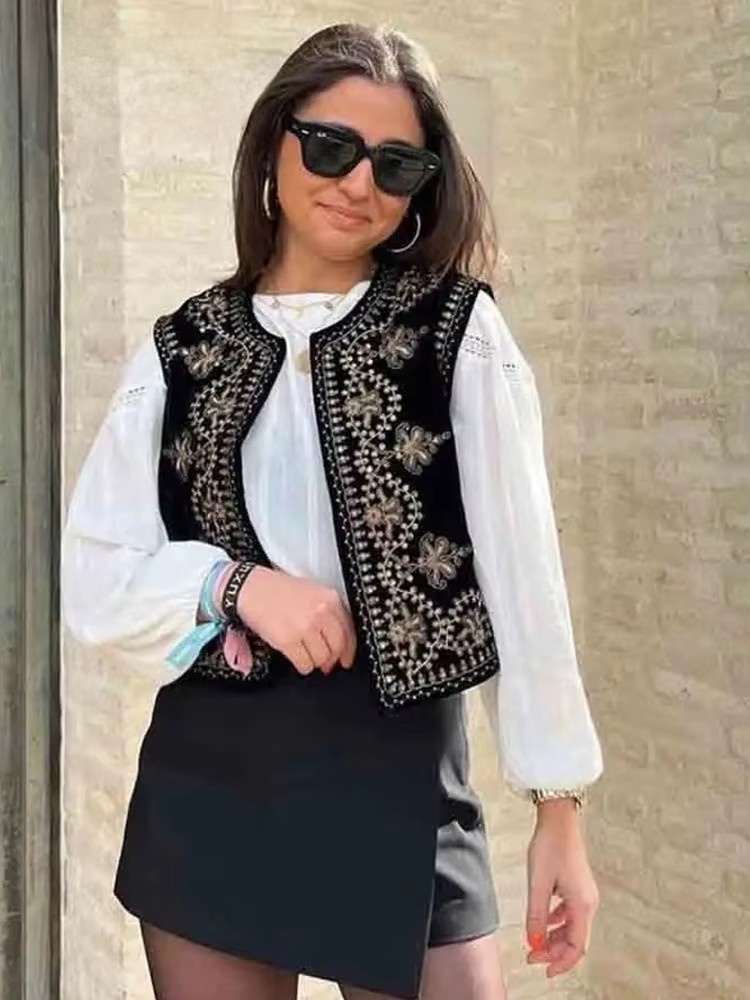 Vintage automne velours brodé gilet sans manches veste femmes col en V Chic gilets femme mode gilets manteau 2023