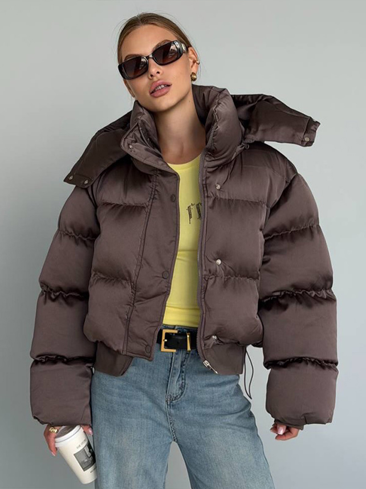Veste courte matelassée pour femme, à capuche amovible, taille ajustable par cordon, épaules tombantes, manches longues, coupe ample, veste d'hiver rembourrée.