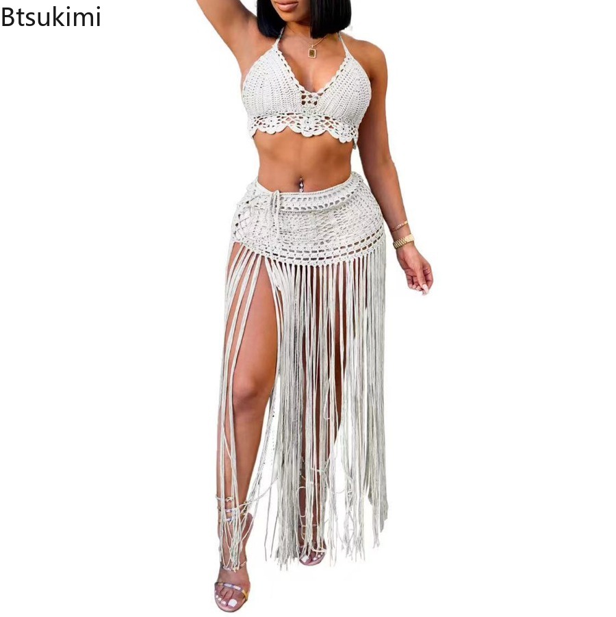 Nouveaux ensembles de maillots de bain deux pièces pour femmes, style plage, hauts de bikini tricotés, jupes longues à franges taille haute, ensembles de bikinis sexy pour femmes