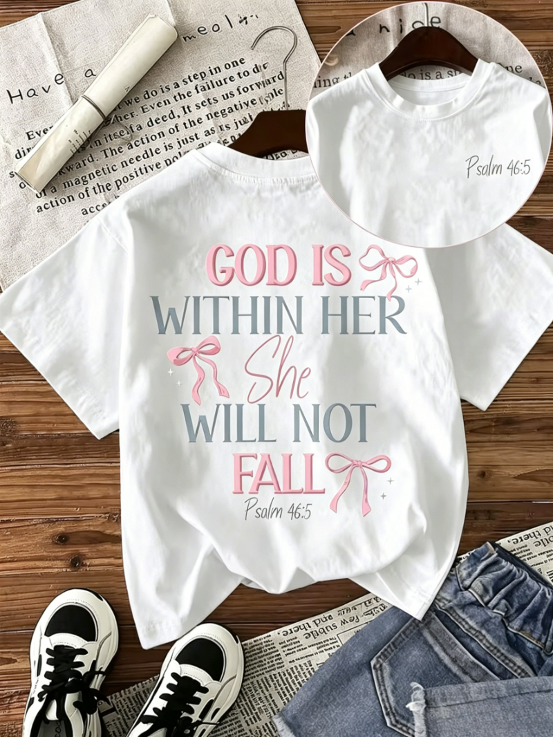 T-shirt imprimé « Dieu est en elle, elle ne tombera pas » Psaume 46:5, design avant et arrière, haut décontracté chrétien Coquette Faith Tee ﻿