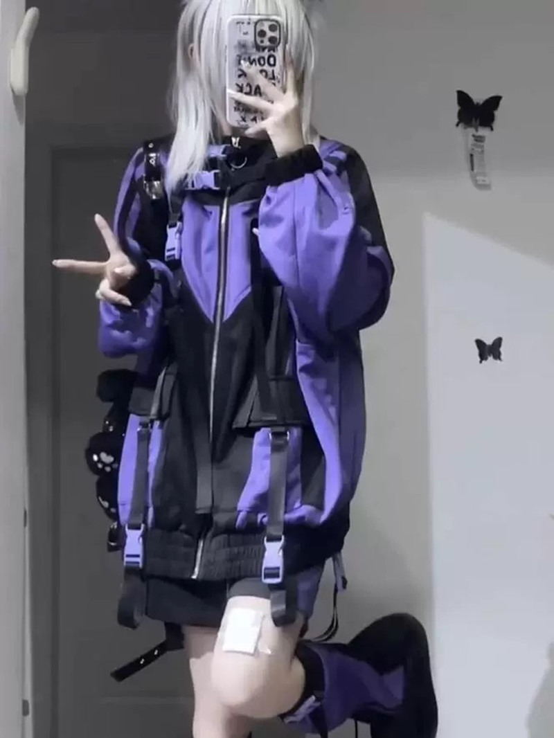 Veste en Patchwork violet pour femmes, mode japonaise, Style Techwear, Harajuku, coupe-vent Cosplay, manteau Vintage Y2K, 2025