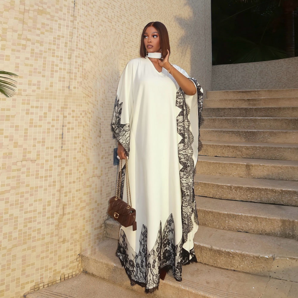 Robe longue blanche élégante et ample pour femmes, Kafatn avec appliques en dentelle noire, robes modestes pour femmes, plusieurs couleurs disponibles