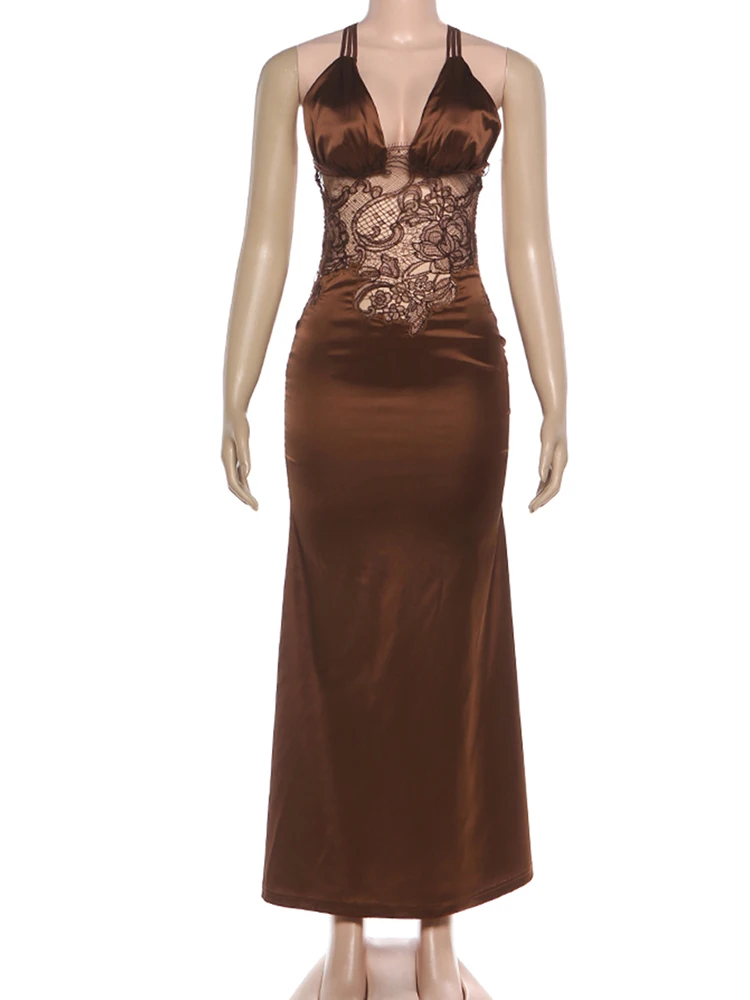 Robe de soirée élégante pour femme, style patchwork en dentelle, col bas, dos nu, sans manches, coupe ajustée, taille haute, pour bal de minuit et fêtes