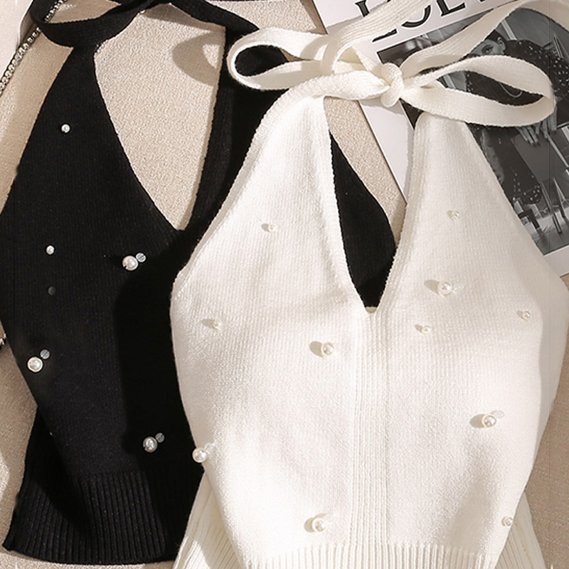 Mode française perlée licou cou cravate noeud dos nu tricoté gilet pour les femmes
