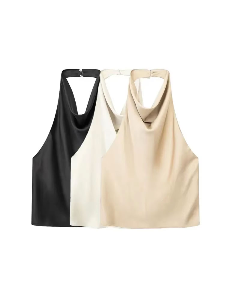 Femmes mode Satin fluide licou débardeurs Sexy dos nu avec bouton femme Camis Mujer