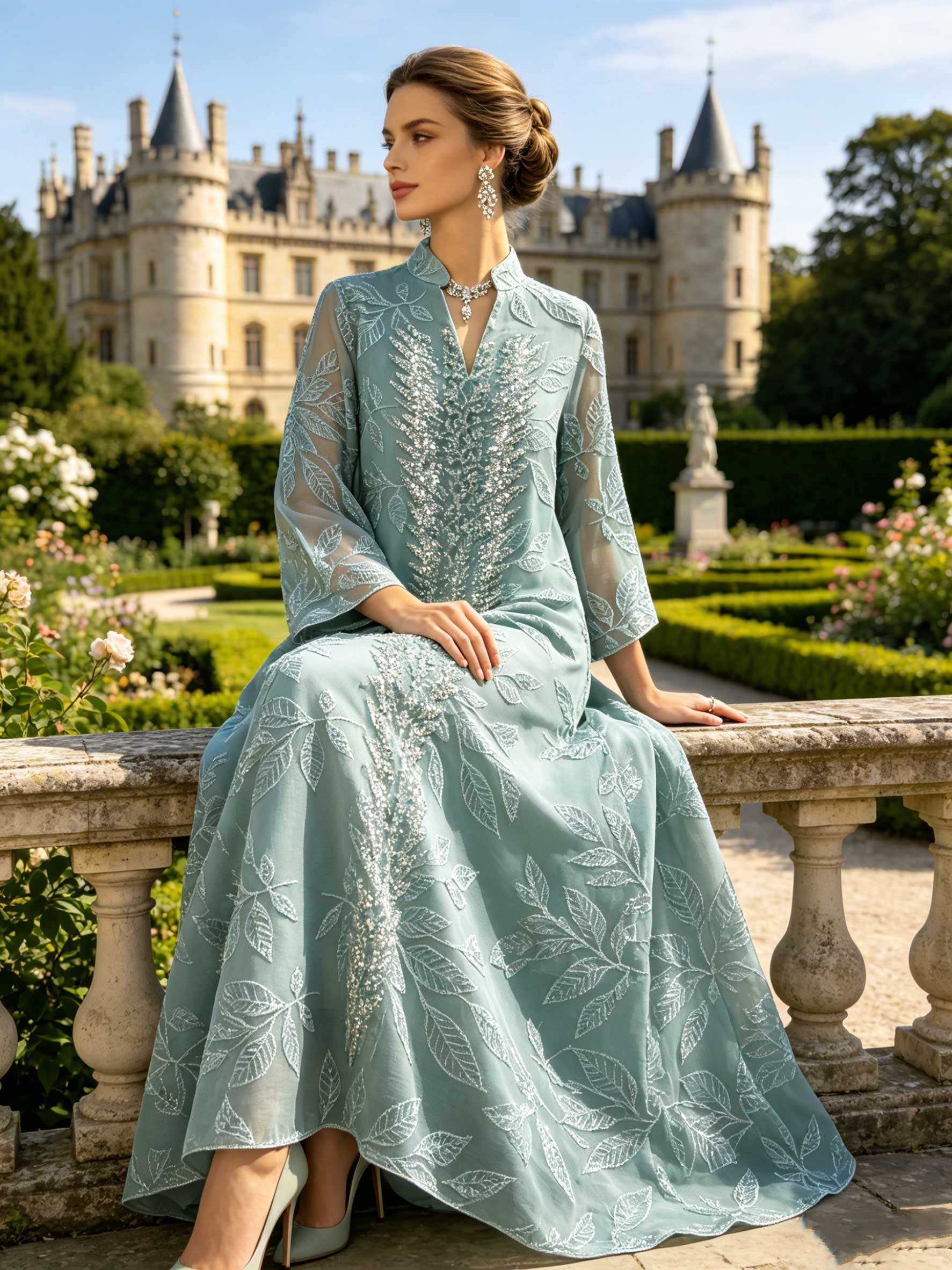 Abaya vert menthe pour femmes musulmanes avec broderie de feuilles en sequins argentés, Kaftan de Dubaï, robe élégante pour la prière du Ramadan et de l'Aïd, Turquie, Islamique