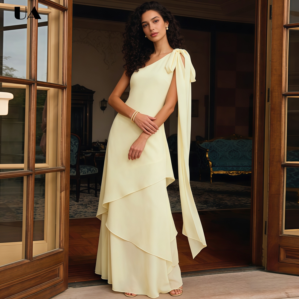 Robe de bal élégante en mousseline ULBYANRY à une épaule avec nœud drapé, robe de soirée asymétrique unie à couches, robe de soirée personnalisée