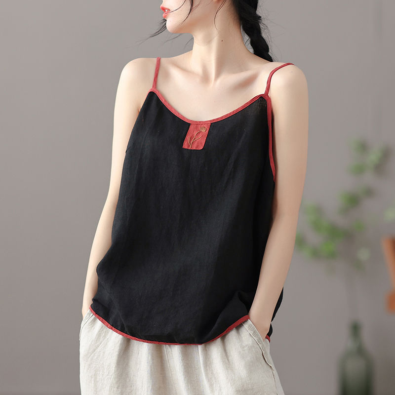 Débardeur en coton et lin pour femmes, camisole vintage chic Harajuku, sacoche brodée