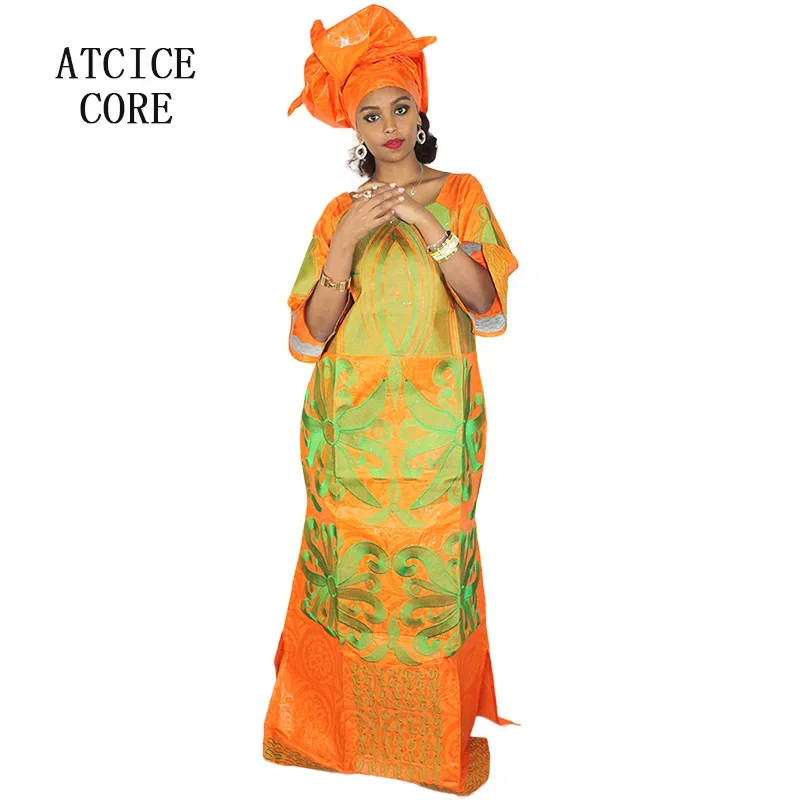 Robe africaine longueur au sol avec écharpe pour femme, motif de broderie, Bazin Riche