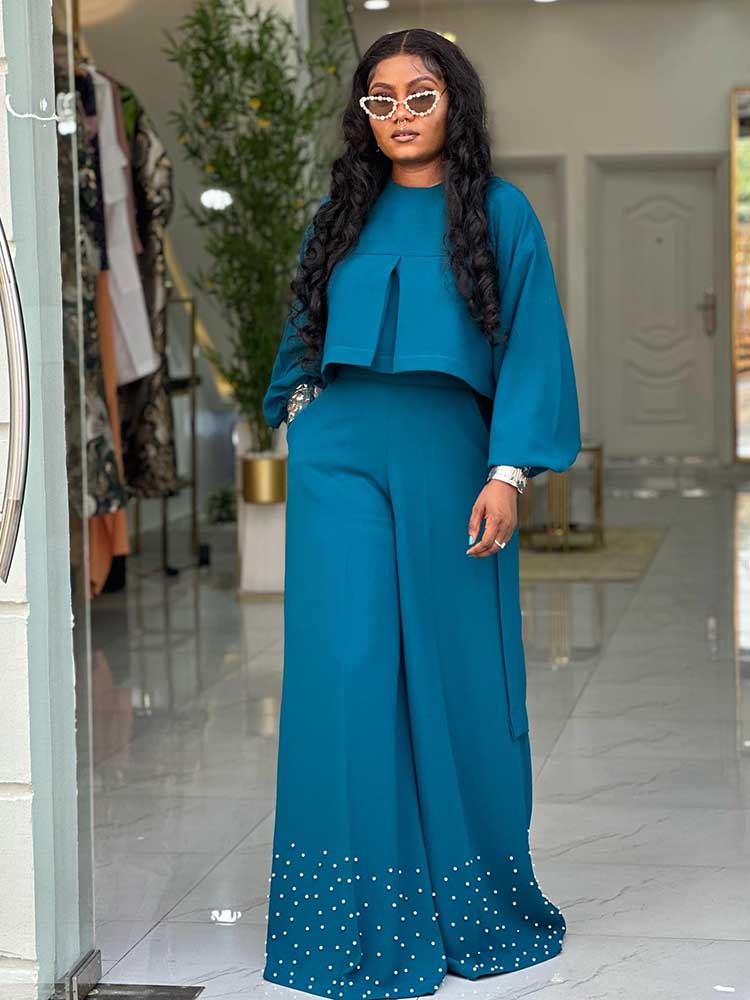 Vêtements de printemps pour femmes, ensemble 2 pièces, tenue pour femmes, manches lanternes, costume avec pantalon large et haut, ensembles élégants pour dames