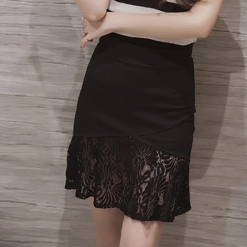 Jupe élastique taille haute pour femme, sexy, avec dentelle et ourlet queue de poisson