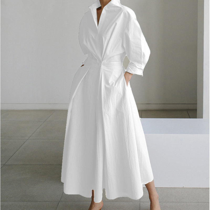 Robe chemise élégante pour femme, col à revers, manches 3/4, ceinture, coupe trapèze, longueur midi, tenue décontractée pour le bureau