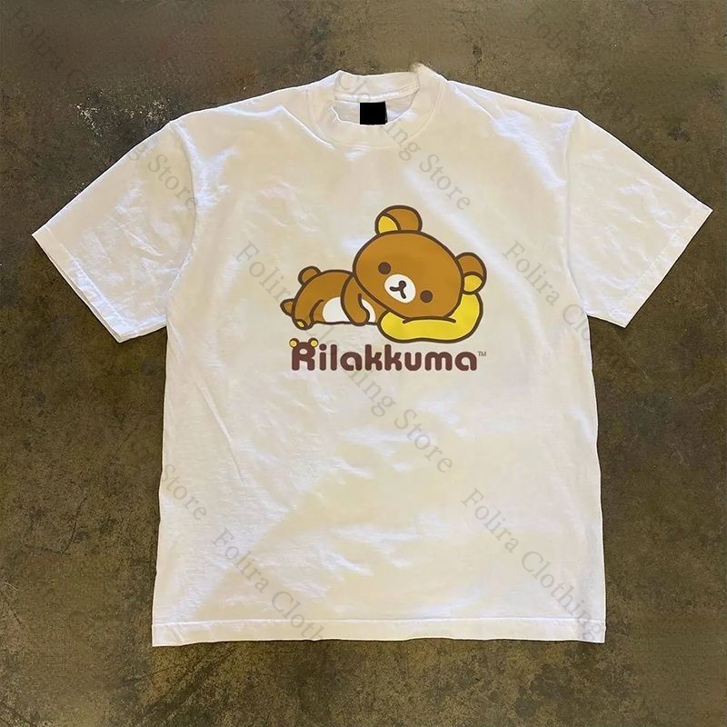 T-shirt Kawaii Rilakkuma en coton, t-shirt d'été confortable à manches courtes, t-shirt pour femmes, t-shirt quotidien pour filles, vêtements décontractés