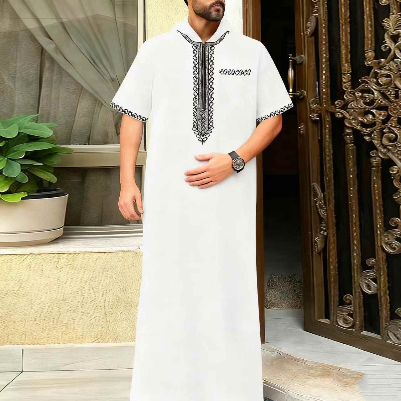 Caftan décontracté ample pour hommes musulmans, manches courtes, brodé, capuche, fermeture éclair, vêtements de Style ethnique islamique, 2025