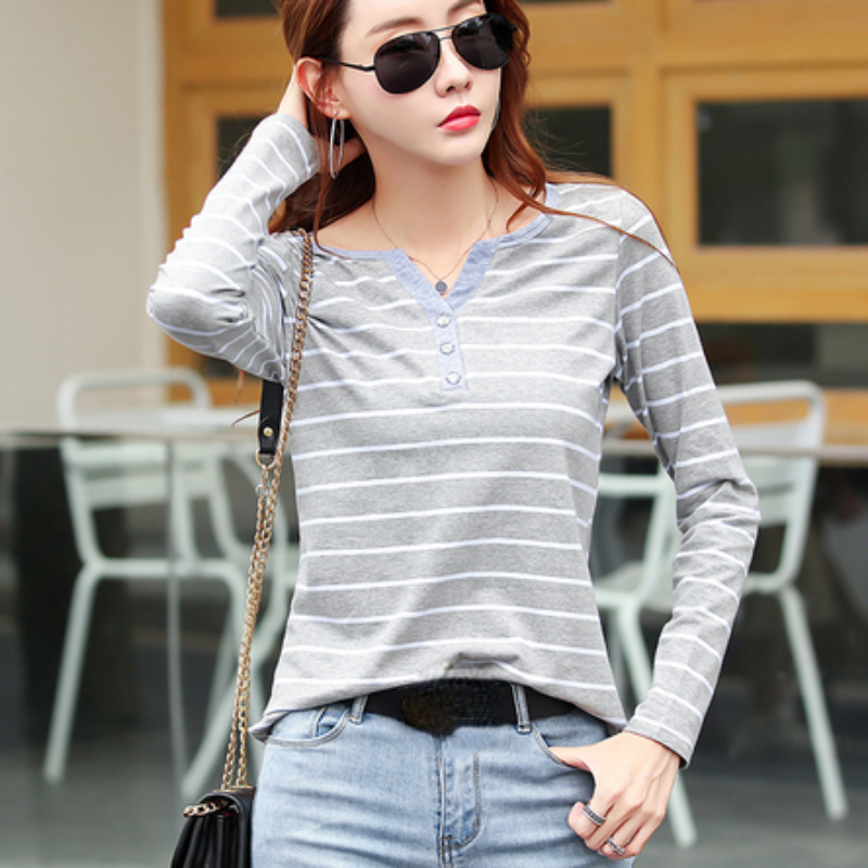 T-Shirt en coton femmes à manches longues rayé T-Shirt mode 2023 printemps automne femme vêtements haut T-Shirt dame col en v hauts 7215
