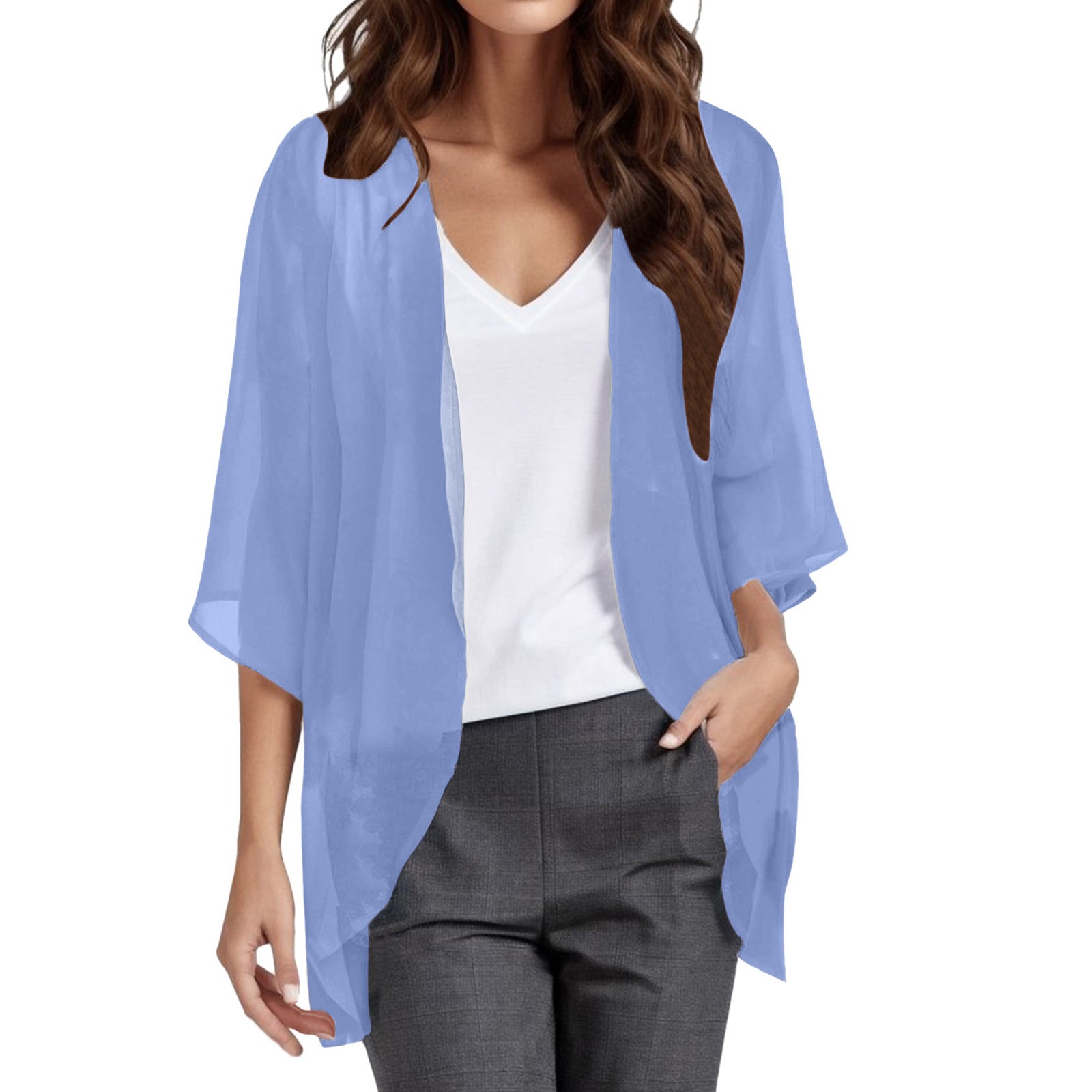 Kimono cardigan en mousseline pour femme, manches 3/4, léger, ouvert sur le devant, transparent, couleur unie, coupe ample, châle de plage décontracté pour l'été