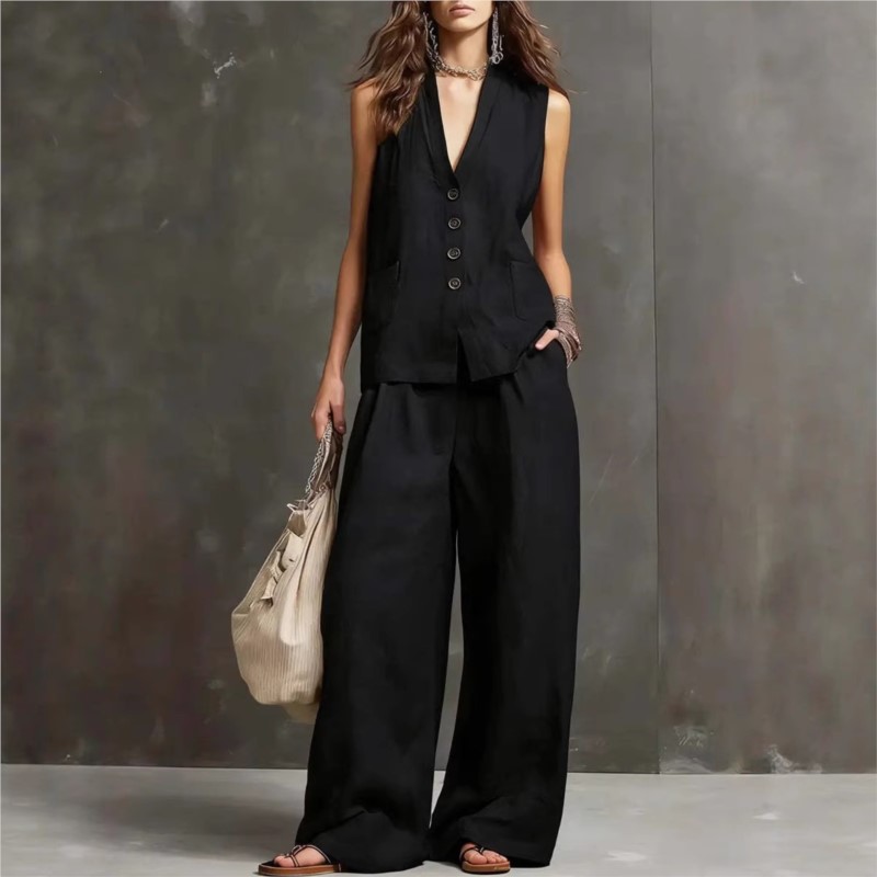 Ensemble deux pièces décontracté en lin et coton pour femme, style mode, avec haut gilet à col en V et pantalon large, idéal pour l'été
